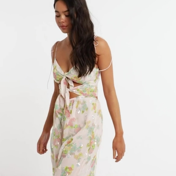 FOR LOVE AND LEMONS LOUISA DOUBLE TIE FRONT FLORAL SEQUIN MAXI DRESS SIZE LARGE - Picture 12 of 16
